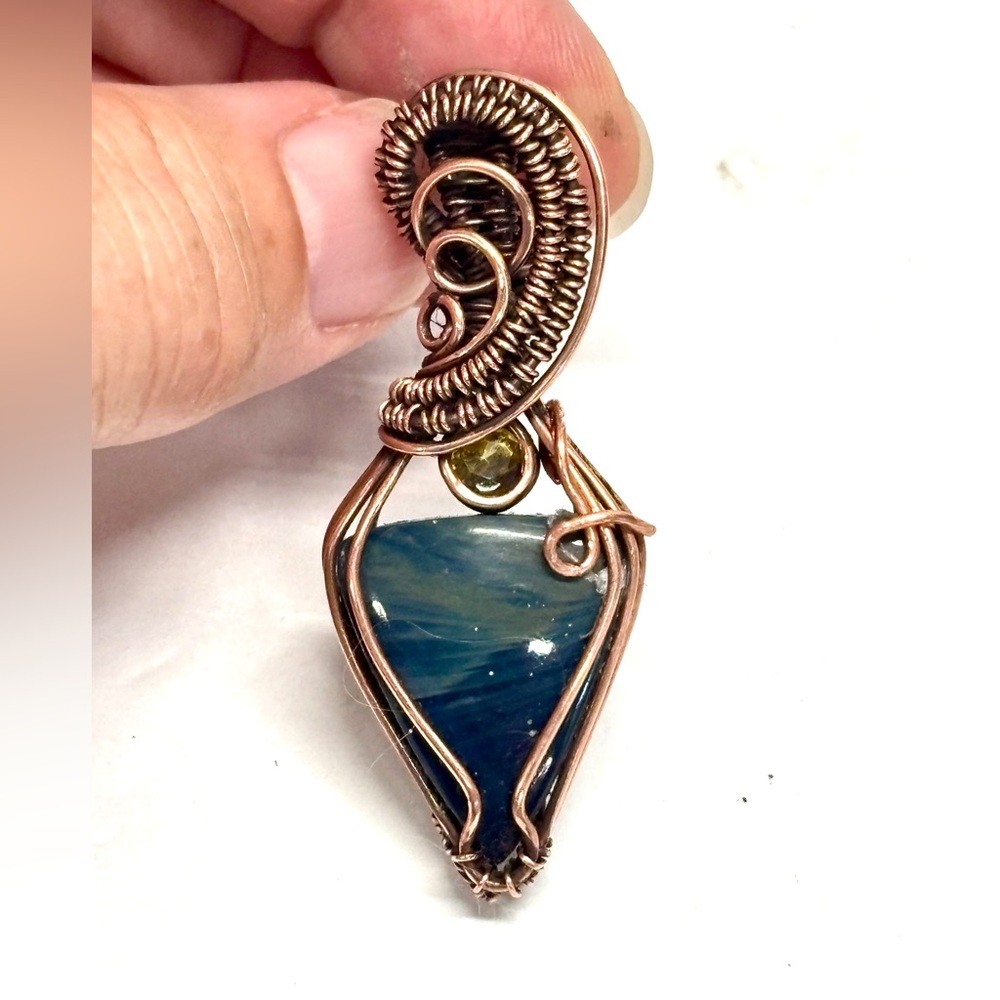 HAND CRAFTED Leland Blue Glass Wire Wrap Copper Pendant, Handmade Jewelry Gift